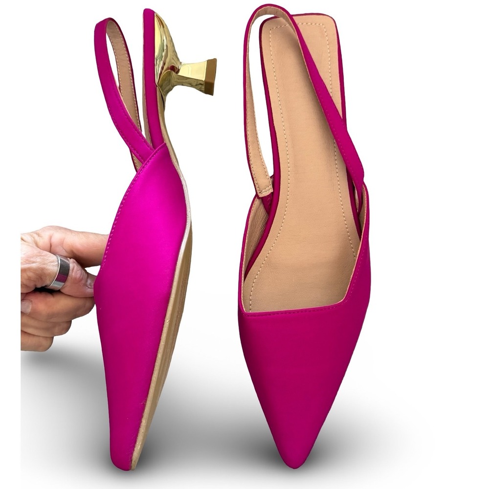 Magenta Pink Satin Pointed Toe Slingback Kitten Heels Gold Heel Sz 10.5